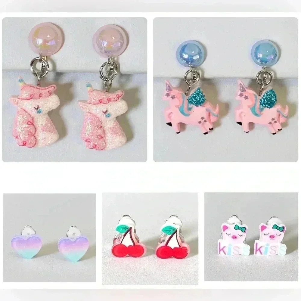 5 Pairs Kids Clip On Cherry Heart Piggy Piggies Kiss Rainbow